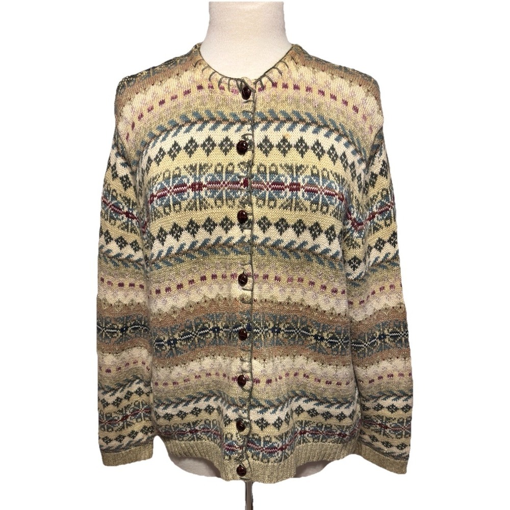 Vintage 90s Tiara International Ramie Cotton Fair‎ Isle Cardigan Sweater Size XL